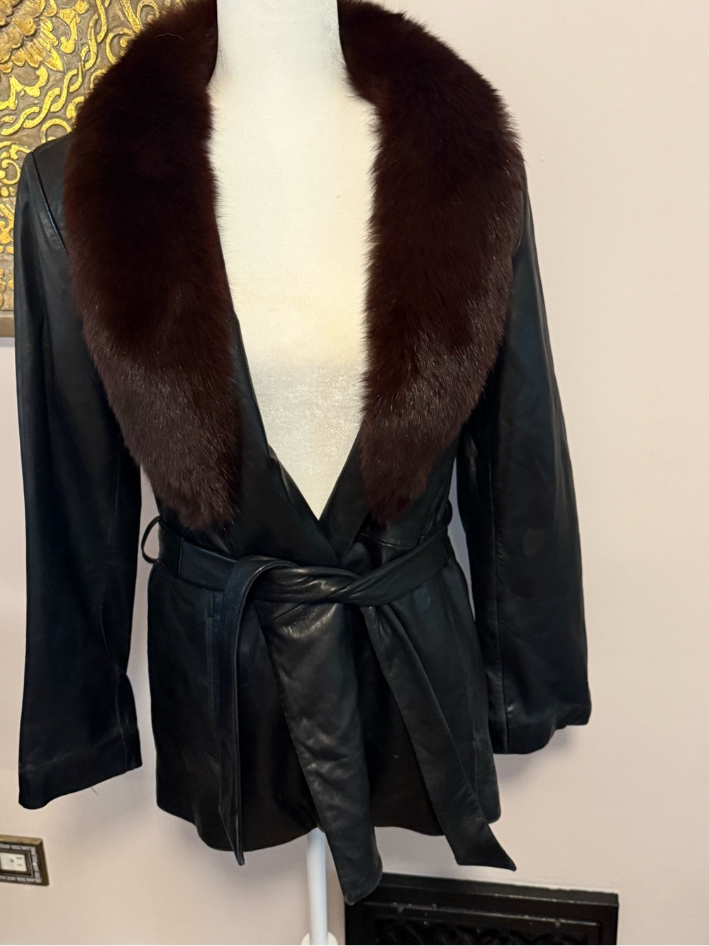 Marc New York Andrew Marc Black Leather Wrap Coat Fur Collar Size M